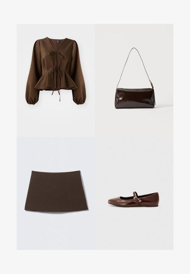 Blusa marrón con cuello en V, de manga larga y abullonada, con un lazo en la cintura que acentúa una forma de peplum. Textura de tela ligera.; Falda marrón con rayas finas, diseño ajustado, textura suave y dobladillo acampanado, ideal para un look entallado.; Bailarina de charol marrón con punta cuadrada y tira que presenta una pequeña hebilla dorada. Textura suave, tacón bajo y diseño minimalista.; Bolso de hombro rectangular de cuero marrón oscuro con una única correa delgada y hebilla dorada sobre un fondo liso.