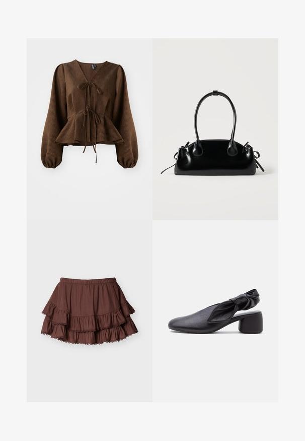 Blusa marrón con cuello en V, de manga larga y abullonada, con un lazo en la cintura que acentúa una forma de peplum. Textura de tela ligera.; Mini falda marrón de varios niveles con cintura elástica y volantes bordeados de encaje sobre un fondo claro y liso.; Zapato slingback de cuero negro con puntera redondeada, detalle de tira anudada y tacón bajo y grueso sobre fondo blanco.; Pequeño bolso negro brillante con dos asas largas y detalles de cordón lateral sobre un fondo claro liso.