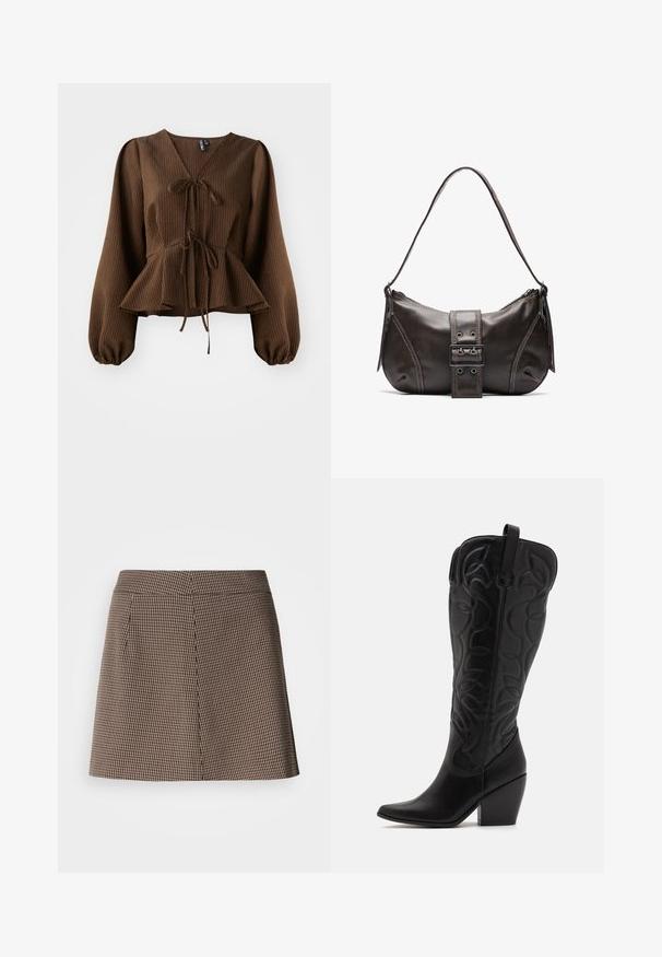 Brun, ribbet bluse med lange, puffede ærmer, V-hals og en taljebånd, der fremhæver en peplum-form. Letvægts stoftekstur.; Brun og sort hundetand mønster mini nederdel med lige pasform og foran sømdetalje på hvid baggrund.; Sorte knæhøje støvler i læder med spids snude og lagdelt hæl. Har dekorative syninger og buede designelementer.; Brun læder skuldertaske med en buet form, der har et fremtrædende spænde, kontrasterende syninger og en enkelt skulderrem.