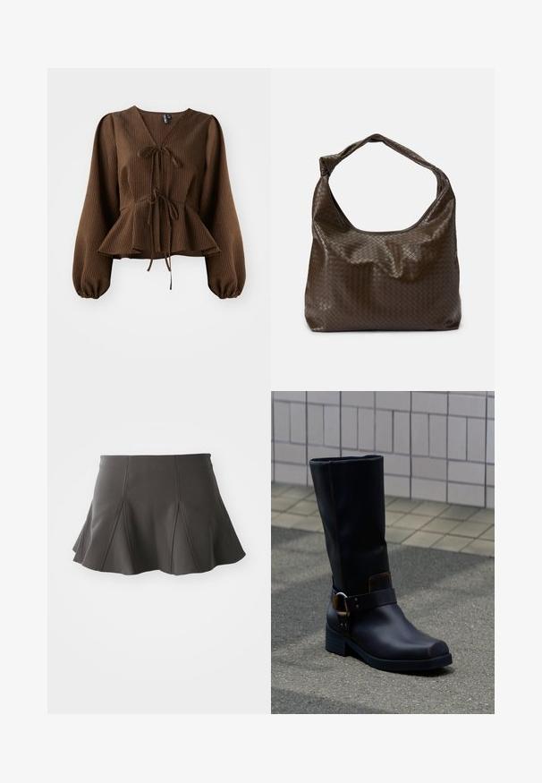 Pruun, soonikkärgistusega blousee pikka, puhvärvilisel varrukatel, V-kaeluse ja talje lipsuga, mis rõhutab peplum-kuju. Kerge kangast tekstuur.; Must mustriba musteriga, mis on tihedalt taljes, vertikaalsete õmblustega ja sileda tekstuuriga. Kleidise äär on kerge kõverusega ja ulatub veidi üle reie keskmise.; Must nahapolvesaapahv madala kontsa ja dekoratiivse rihmaga metallist pandlaga, seisab hallil sillutatud pinnal plaatidest seina lähedal.; Pruun punutud nahast kott, mis on loobitud kujuga, ühe käepidemega ja tekstuurse pinnaga. Omab pehmet, läikivat viimistlust ja ümarad servad.