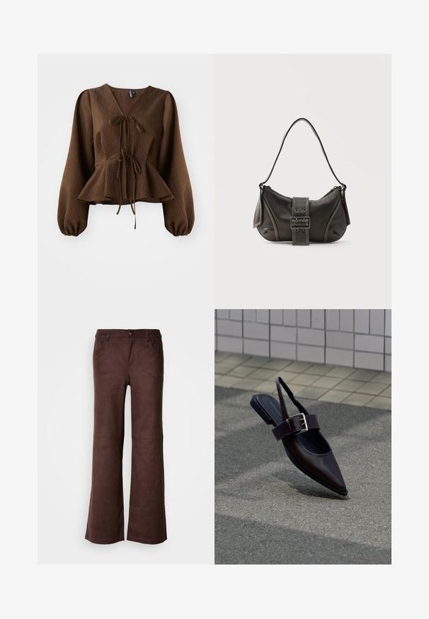Brun, ribbet bluse med lange, puffede ærmer, V-hals og en taljebånd, der fremhæver en peplum-form. Letvægts stoftekstur.; Brune flagrende bukser i et blødt, suede-lignende stof. Har fire lommer, en knaplukning og en glat, tekstureret overflade.; Mørkebrune flade slingback-sko med spids tå, bred rem og stor sølvspænde på asfalt nær flisebelagt væg.; Sort læder skuldertaske med spænde på remmen, afrundede kanter og kontrasterende hvide syninger på en ensfarvet baggrund.