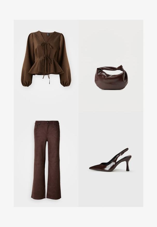 Brun, ribbet bluse med lange, puffede ærmer, V-hals og en taljebånd, der fremhæver en peplum-form. Letvægts stoftekstur.; Brune flagrende bukser i et blødt, suede-lignende stof. Har fire lommer, en knaplukning og en glat, tekstureret overflade.; Brune patenterede læderslingback-sandaletter med spids tå, en tynd hæl og justerbar rem med en lille spænde.; Mørkebrun læder skuldertaske med en blød, afslappet form og et snoet knudehåndtag på en ensartet hvid baggrund.