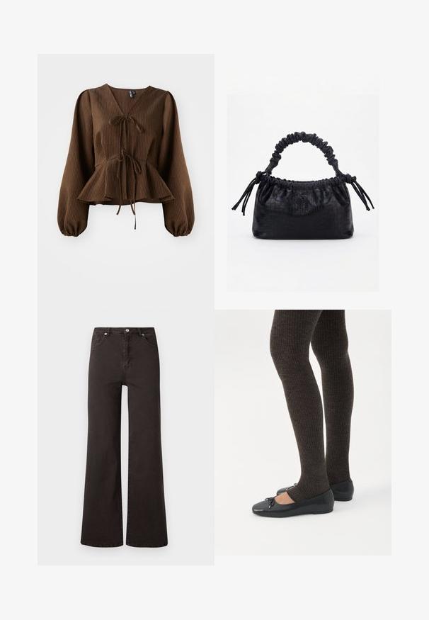 Pruun, soonikkärgistusega blousee pikka, puhvärvilisel varrukatel, V-kaeluse ja talje lipsuga, mis rõhutab peplum-kuju. Kerge kangast tekstuur.; Mustad kõrge vöökohtadega denimiste laiad püksid, mis on mustad ja sisaldavad viit taskut ning nööbilukku. Sile tekstuur, minimalistlik disain.; Jalad seljas tumedad soonelises soonelises kombines mustade baleriinadega, millel on väikesed paelade detailid valgel taustal.; Must käekott krokodillinaha tekstuuriga, voltis ülaservaga, kogutud sangaga ja kummipaeladega tutsidega igal küljel valgel taustal.