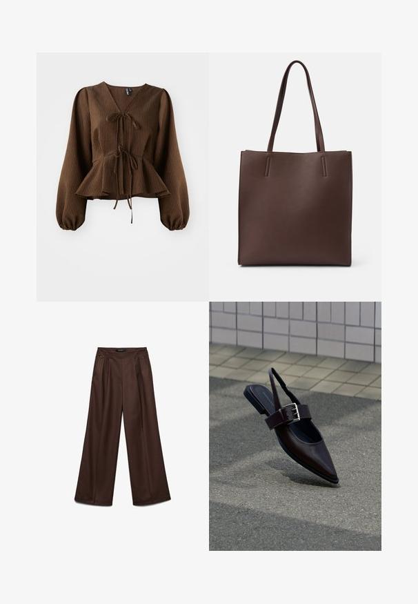 Pruun, soonikkärgistusega blousee pikka, puhvärvilisel varrukatel, V-kaeluse ja talje lipsuga, mis rõhutab peplum-kuju. Kerge kangast tekstuur.; Kõrge vöökohaga laiad pruunid püksid esikortsude ja küljetaskutega, lõdva istuvusega.; Tumepruuni tooniga terava ninaga madala tallaga king, millel on lai rihm ja suur hõbedane pandel, maapinnal asfaldil, lähedal plaaditud seina.; Pruun nahast kott kahe pika sangaga, millel on ristkülikukujuline kuju, sile tekstuur ja minimalistik disain, ilma lisavarustuseta.