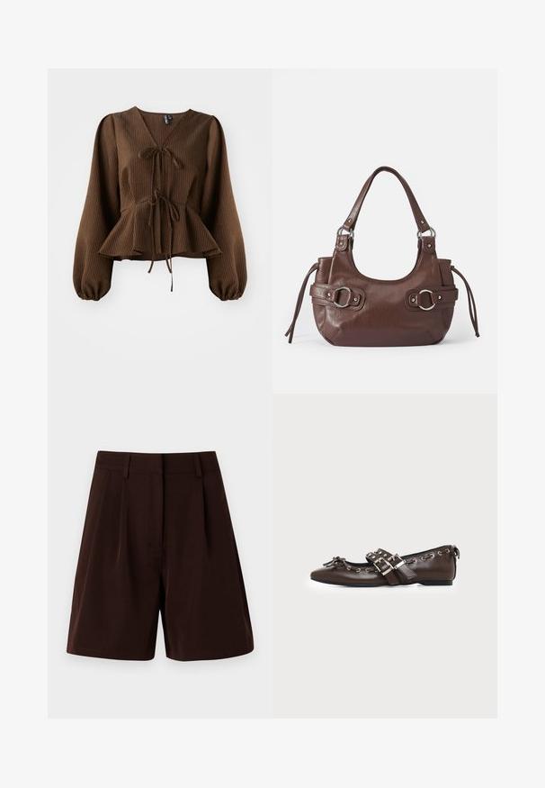 Brun, ribbet bluse med lange, puffede ærmer, V-hals og en taljebånd, der fremhæver en peplum-form. Letvægts stoftekstur.; Brune plisserede shorts lavet af letvægtsstof. Har en klassisk talje og sidelommer, med en lige pasform og kantede kanter.; Mørkebrune lædersko med flad sål og spids snude, dobbelt sølvsnørrebånd, metaløjer og dekorativ sløjfe foran.; Brun læderhåndtaske med rund form, sølvhardware, to sideskuldre og en glat tekstur. Har en enkelt toppen håndtag.