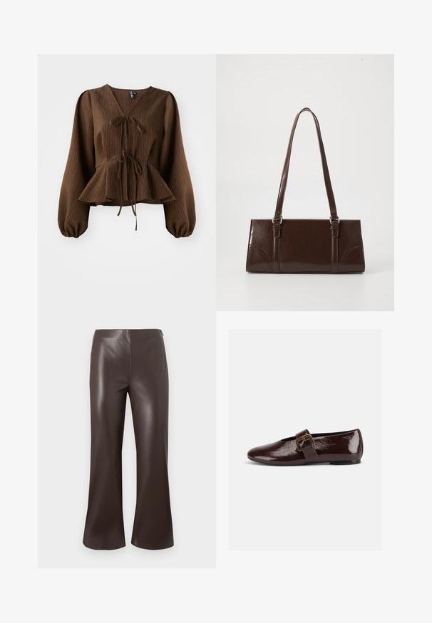 Blusa marrón con cuello en V, de manga larga y abullonada, con un lazo en la cintura que acentúa una forma de peplum. Textura de tela ligera.; Pantalones acampanados de poliuretano marrón con cintura alta y textura suave, que presentan un diseño limpio y ajustado con aperturas de pierna anchas.; Zapato plano de charol marrón oscuro con una gran hebilla dorada y puntera redondeada, mostrado de perfil sobre un fondo blanco.; Bolso de mano de piel sintética marrón con forma rectangular, dos asas largas y sutiles acentos curvados en la parte delantera.