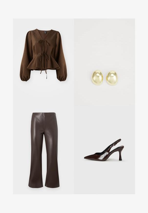 Brun, ribbet bluse med lange, puffede ærmer, V-hals og en taljebånd, der fremhæver en peplum-form. Letvægts stoftekstur.; Brune faux læder buks med vidde, højt liv og glat tekstur, der har et rent, skræddersyet design og brede benåbninger.; Brune patenterede læderslingback-sandaletter med spids tå, en tynd hæl og justerbar rem med en lille spænde.; Guldtonede metalstudøreringe med en glat, rund form og poleret overflade. Simpelt design uden yderligere dekorationer.