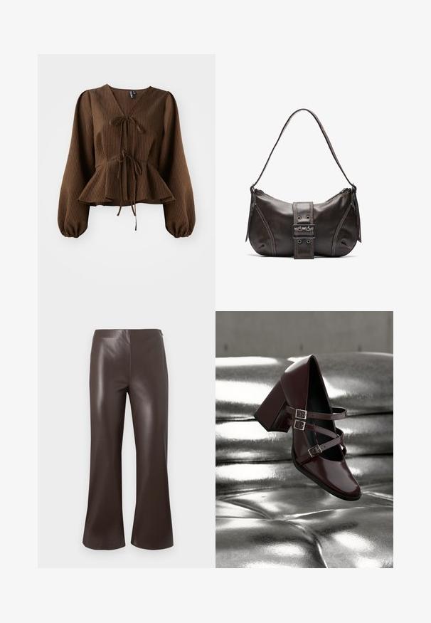 Brun, ribbet bluse med lange, puffede ærmer, V-hals og en taljebånd, der fremhæver en peplum-form. Letvægts stoftekstur.; Brune faux læder buks med vidde, højt liv og glat tekstur, der har et rent, skræddersyet design og brede benåbninger.; Blank, mørk bordeaux Mary Jane-sko med tre remme og sølvspænder svæver over en sølvmetallic polstret overflade.; Brun læder skuldertaske med en buet form, der har et fremtrædende spænde, kontrasterende syninger og en enkelt skulderrem.