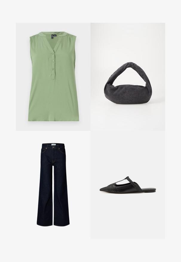 Top sans manches vert clair avec un devant boutonné, un décolleté en V, des détails froncés aux épaules et une texture lisse.; Jean en denim bleu foncé à jambes larges avec bouton et fermeture éclair à l'avant, passants de ceinture et poches avant, présenté sur fond blanc.; Chaussure en cuir noir à talon ouvert avec un bout pointu, présentant un accent tressé et un design supérieur plissé. Semelle plate avec un matériel minimal.; Sac en tissu gris foncé avec une anse courbée, texture douce et forme arrondie. Pas de matériel ou d'embellissements visibles.