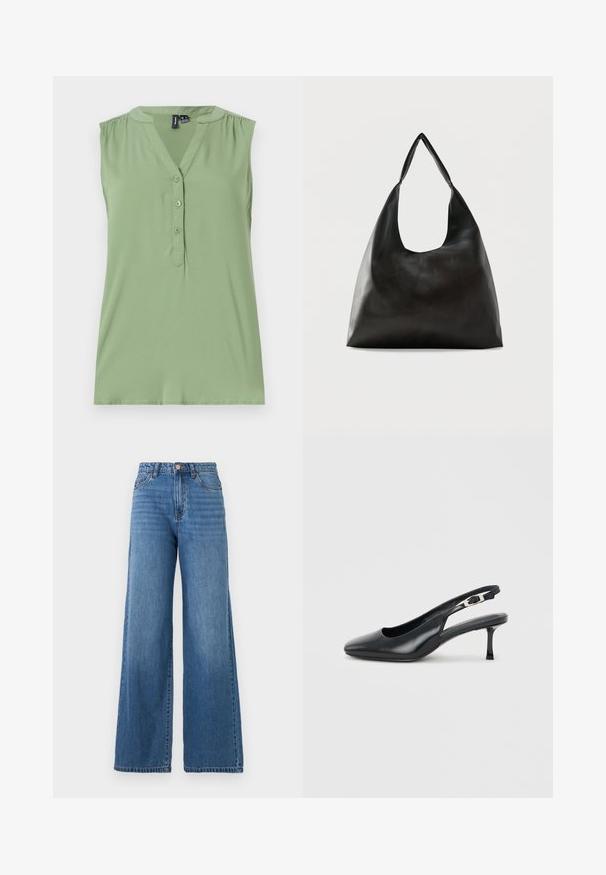 Helles grünes ärmelloses Oberteil mit einer Knopfleiste, V-Ausschnitt, gerafftem Schulterdetail und glatter Textur.; Blaue High-Waist Jeans mit weitem Bein, Vordertaschen, Gürtelschlaufen, Knopfverschluss und Reißverschluss.; Schwarzer Slingback-Schuh aus Leder mit spitzer Kappe, niedrigem, schlankem Kitten-Heel und verstellbarem Schnallenriemen vor hellem, einfarbigem Hintergrund.; Schwarze, glatte Leder-Schultertasche mit einem breiten, einzelnen Riemen und einem lässigen, minimalistischen Design vor einem einfarbigen Hintergrund.
