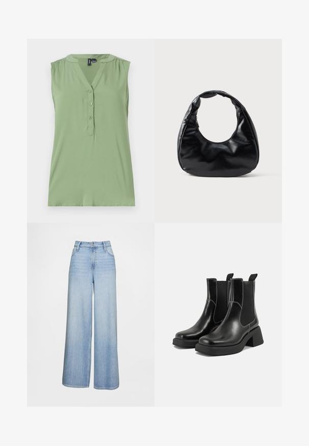 Top sans manches vert clair avec un devant boutonné, un décolleté en V, des détails froncés aux épaules et une texture lisse.; Jean large bleu clair en tissu denim. Caractérisé par une taille haute, une fermeture éclair, et deux poches avant avec des détails de coutures visibles.; Bottes Chelsea en cuir noir avec un talon épais, des panneaux latéraux élastiques et des coutures blanches contrastantes. Fini texturé.; Sac à main en simili cuir noir avec une forme de croissant unique, une large poignée rembourrée et une fermeture éclair. Texture lisse et brillante, design minimaliste.