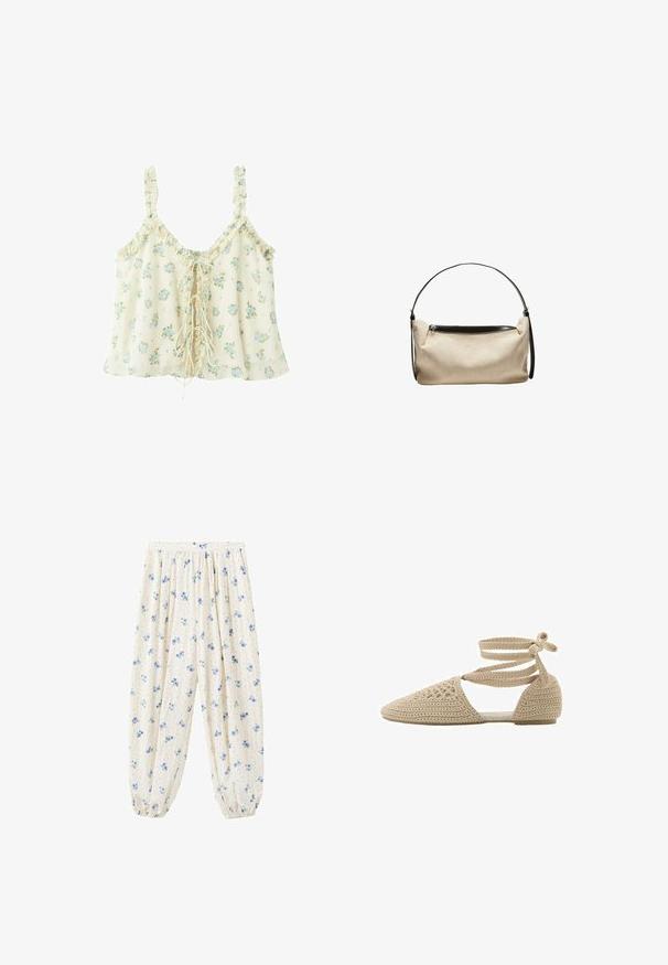 Camisole florale crème avec fleurs bleues, bordures à volants, bretelles fines et détail à lacets sur le devant avec longs liens.; Pantalon ample couleur crème avec motif floral bleu, froncé à la taille et avec des poignets élastiques aux chevilles.; Chaussure plate en crochet beige avec bout pointu, côtés ouverts et lanières à nouer autour de la cheville en forme de nœud.; Sac d'épaule en tissu beige avec bandoulière en cuir noir et fermeture éclair supérieure, forme rectangulaire simple et légèrement molle.