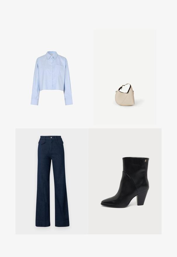 Himmelblaues, kurzes Button-Down-Hemd mit langen Ärmeln, spitzem Kragen und einer einzelnen Brusttasche.; Jeans mit weitem Bein in Dunkelblau, hohem Bund, vorderer Knopfleiste und zwei Gesäßtaschen. Glatte Textur und maßgeschneiderte Passform.; Schwarzer Lederknöchelstiefel mit spitz zulaufender Zehenpartie, Blockabsatz und kleinem goldenen Logo nahe der oberen Kante an der Außenseite.; Beige Ledertasche in Halbmondform mit einem einzelnen Schulterriemen und minimaler Nahtgestaltung, vor einem schlichten weißen Hintergrund.