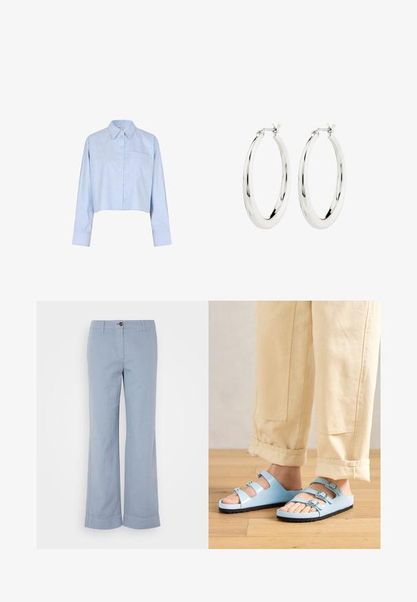 Camisa cropped de botones en azul claro con mangas largas, cuello de punta y un bolsillo en el pecho.; Pantalones de lino azul claro con pierna recta, cierre de botón y dobladillo vuelto. Textura suave, diseñados para uso casual.; Chanclas de color azul claro con tres correas ajustables y hebillas plateadas; suela texturizada y material superior suave. Llevadas con pantalones beige arremangados.; Pendientes de aro de plata con un acabado suave y brillante. Forma circular, con un cierre seguro. Diseño sencillo y elegante.