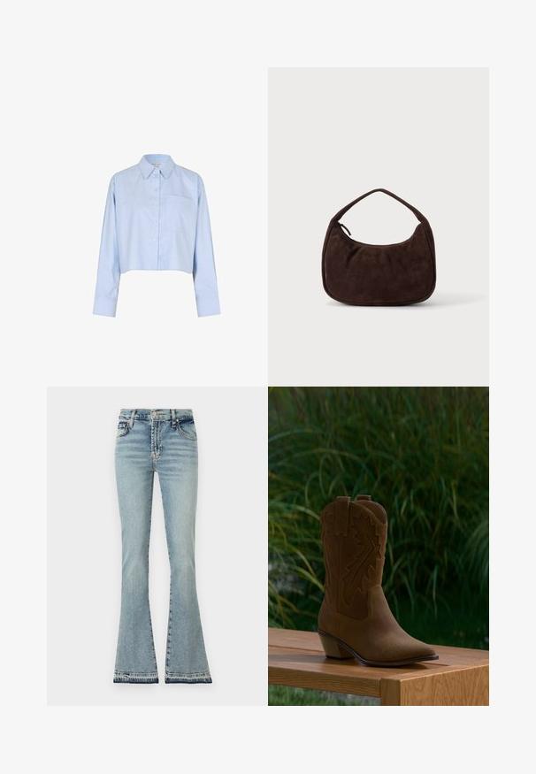 Vaaleansininen lyhyt nappikauluspaita, jossa on pitkät hihat, osoittava kaulus ja yksi rintatasku.; Löpar ljusblå denim jeans med hög midja, tydliga sömmar och trasig fåll. Materialet verkar mjukt med en klassisk femficksdesign.; Ruskea mokka cowboy-saapas koristeellisilla ompeleilla, teräväkärkinen ja matala vino korko, esillä puisella penkillä ulkona.; Tumma ruskea mokkanahkainen käsilaukku, jossa on lyhyt hihna ja pyöristetty suorakulmainen muoto, yksivärisellä vaalealla taustalla.