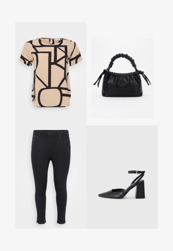Beige kortærmet top med markante sorte geometriske mønstre. Rund halsudskæring med lynlås lukning i ryggen. Glat, struktureret stof.; Sorte tætsiddende jeans lavet af denim med en frynset kant ved anklen, to forlommer og en knaplukning i taljen.; Sort læder spidse pumps med ankelrem og en chunky hæl. Flad tekstur, slankt design og minimalistisk æstetik.; Sort taske med krokodilletekstur, rynket øverste kant, samlet hank og snore med kvaster på hver side mod en hvid baggrund.