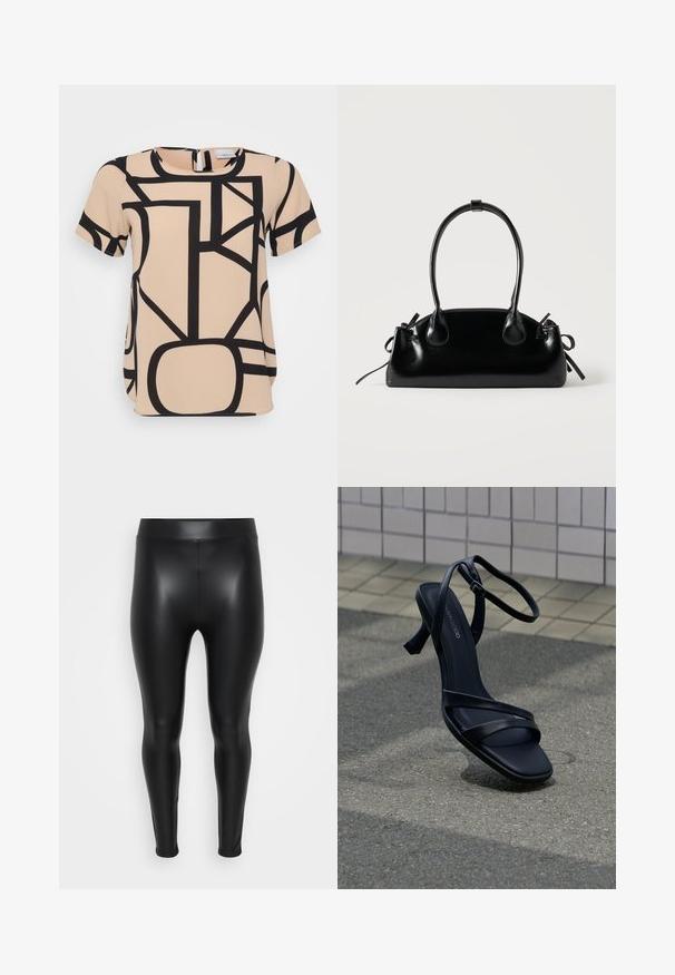 Beige kortærmet top med markante sorte geometriske mønstre. Rund halsudskæring med lynlås lukning i ryggen. Glat, struktureret stof.; Sorte leggings lavet af et glat, skinnende materiale. Høj talje, tætsiddende design, og ingen synlige sømme eller mønstre.; Sort højhælet sandal med stropper og ankelspænde, der svæver over tekstureret gråt fortov med flisebelagt væg i baggrunden.; Lille sort blank håndtaske med to lange håndtag og snøre-detaljer i siden på en ensfarvet lys baggrund.