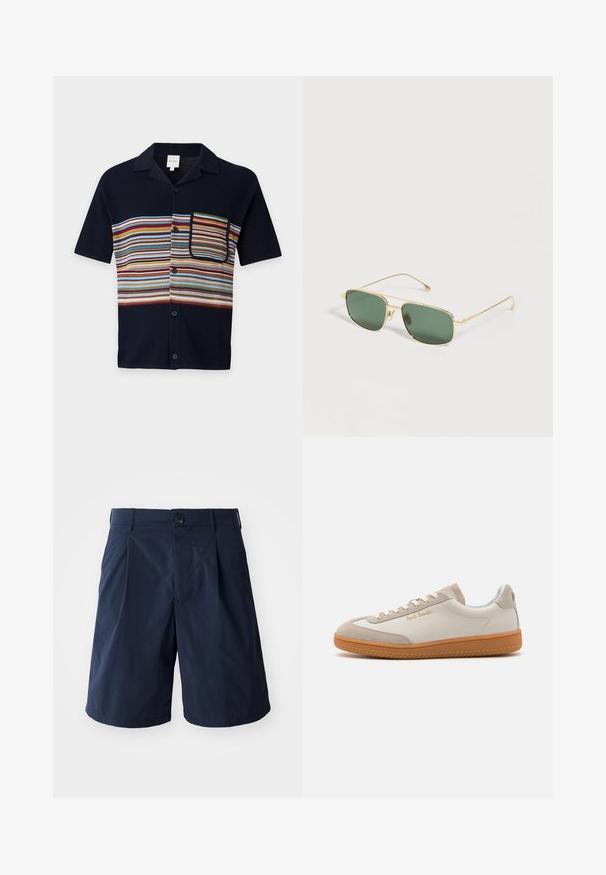 Chemise bleu marine à manches courtes avec boutons, rayures horizontales multicolores sur la poitrine et poche poitrine rayée assortie.; Shorts bleu marine en tissu léger, avec une fermeture à bouton, des poches sur les côtés et un design simple avec des plis à l'avant.; Baskets basses blanches et beiges avec semelle en caoutchouc, lacets blancs, détails en daim et logo doré "Paul Smith" sur le côté.; Lunettes de soleil rectangulaires à monture dorée avec des verres teintés verts posées sur une surface blanche.