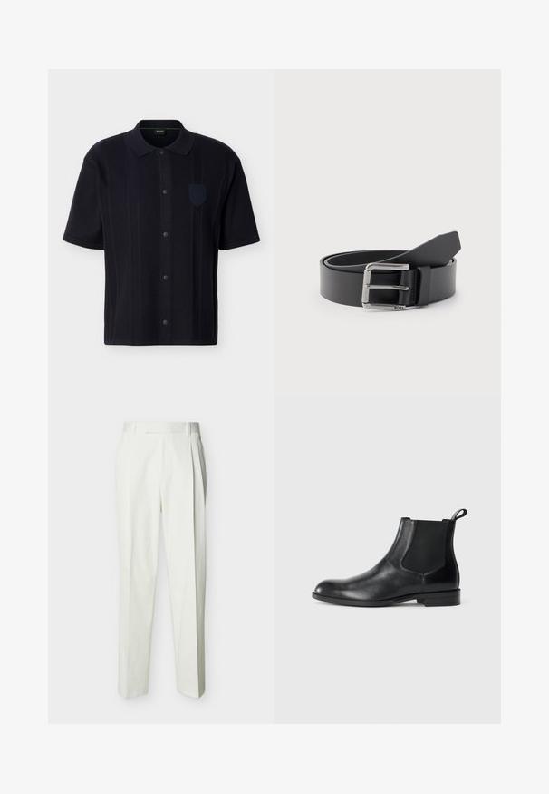 Chemise noire à manches courtes avec des rayures verticales texturées, un col et un petit badge sur la poitrine côté gauche.; Pantalon blanc ajusté taille haute avec passants de ceinture et plis sur le devant, présenté sur un fond uni.; Bottine en cuir noir avec des panneaux latéraux élastiques, bout rond et tirette. Texture lisse, semelle plate, design minimaliste.; Ceinture en cuir noir enroulée avec une boucle métallique rectangulaire argentée gravée "BOSS" sur un fond gris clair.