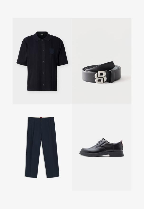 Chemise noire à manches courtes avec des rayures verticales texturées, un col et un petit badge sur la poitrine côté gauche.; Pantalon large bleu marine foncé avec passants pour ceinture, fermeture à bouton et zip à l'avant, et poches latérales, présenté sur fond blanc.; Chaussures en cuir noir à lacets avec une texture lisse, un bout arrondi et des détails de couture discrets. Présentent une languette rouge à l'arrière.; Ceinture en cuir noir enroulée avec une boucle métallique argentée présentant un design stylisé double "B" sur fond blanc.