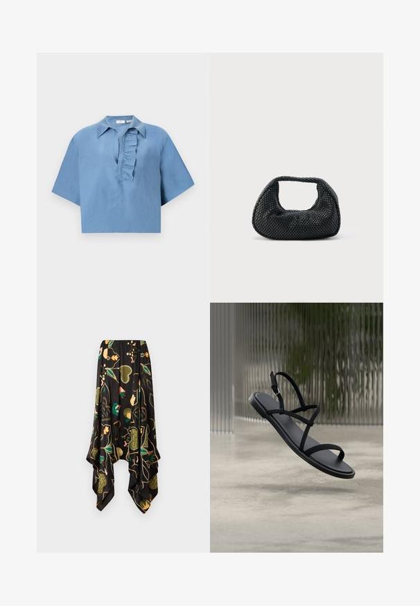 Blauw shirt met korte mouwen, gemaakt van gladde stof, met een button-down kraag en een gerimpelde sluiting aan de voorkant. Korte snit.; Zwarte asymmetrische rok met groene, perzikkleurige en gele bloemen- en hartpatronen, met een vloeiende, zakdoekzoom.; Zwarte minimalistische platte sandaal met dunne bandjes en een gesp die boven een betonnen vloer en een gestructureerde glazen achtergrond zweeft.; Zwarte geweven hobo-tas met een zachte structuur en geïntegreerd handvat, weergegeven op een effen lichte achtergrond.