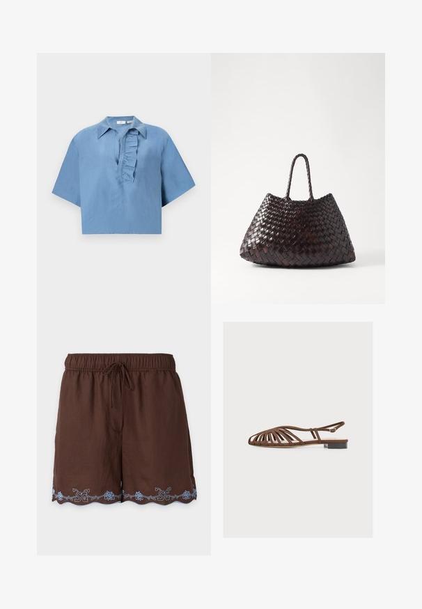 Kortærmet, blå skjorte lavet af glat stof, med knap- down krave og en flæseplade langs fronten. Afkortet design.; Brune elastiske taljeshorts med snøre og lyseblåt broderet blomsterprint langs den bølgede kant.; Brun flad sandal med åben tå-bur design, ankelrem med lille spænde og lav sort hæl på hvid baggrund.; DRAGON DIFFUSION SANTA CROCE BIG - Håndtasker - dark brown
