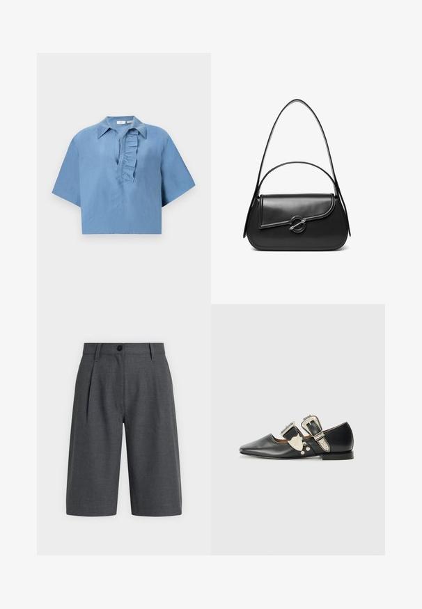 Blauw shirt met korte mouwen, gemaakt van gladde stof, met een button-down kraag en een gerimpelde sluiting aan de voorkant. Korte snit.; Donkergrijze, op maat gemaakte knielange shorts met riemlussen, voorste knoop en ritssluiting op een lichte achtergrond.; Zwarte leren platte schoen met een puntige neus, zilveren gespsaccenten en decoratieve nagels. Beschikt over een lage hak en een soepele textuur.; Zwarte leren schoudertas met een gebogen klep die is bevestigd met een ronde metalen sluiting en een smalle, verstelbare band.