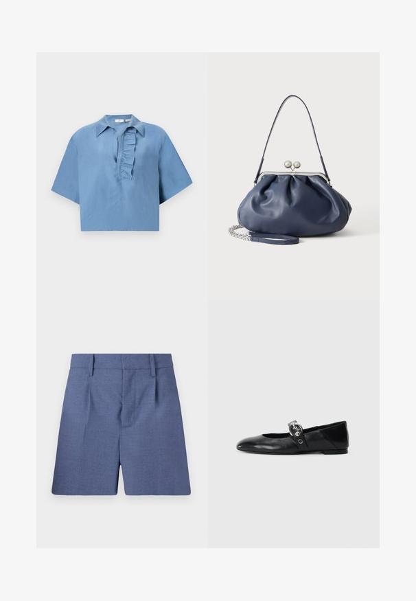 Chemise à manches courtes, bleue, en tissu lisse, avec un col boutonné et un plastron froncé à l'avant. Design court.; Shorts bleu sur mesure avec passants de ceinture, plis à l'avant et fermeture frontale cachée, présentés sur fond blanc.; Ballerines en cuir noir avec un bout pointu, dotées d'une sangle avec une boucle métallique circulaire et d'une semelle plate.; Sac à main en cuir bleu marine doux avec fermeture à boucle argentée, une seule bandoulière, et une chaîne de poignet amovible sur fond blanc.