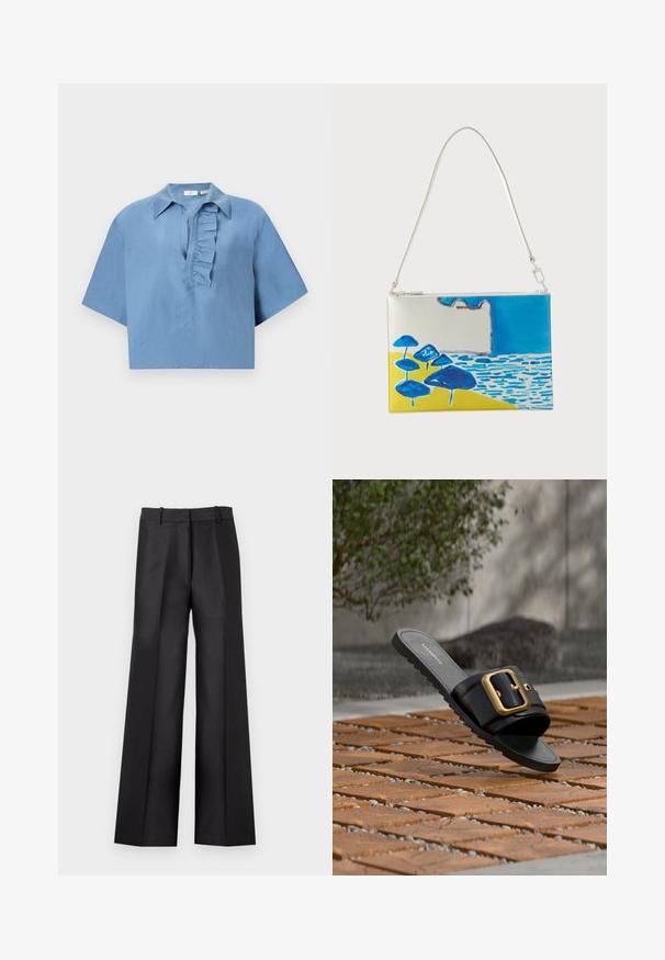 Chemise à manches courtes, bleue, en tissu lisse, avec un col boutonné et un plastron froncé à l'avant. Design court.; Pantalon noir à jambes larges avec une texture lisse, doté d'un devant plat, de deux poches latérales et d'une ceinture ajustée avec passants pour ceinture.; Sandale noire à bride large avec une grande boucle dorée reposant sur un sol en carreaux de bois avec une plante verte et un mur gris en arrière-plan.; Sac blanc avec une scène de plage abstraite bleue et jaune présentant des parasols bleus et des vagues de l'océan, avec une bandoulière amovible.