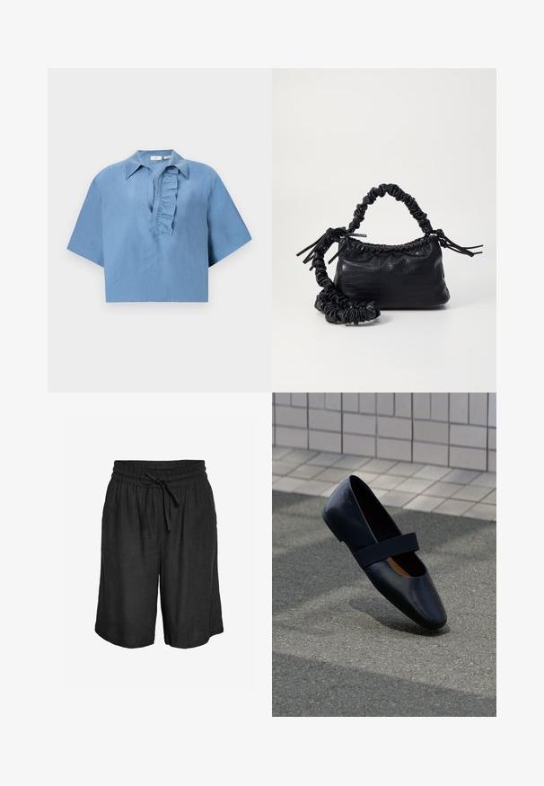 Blauw shirt met korte mouwen, gemaakt van gladde stof, met een button-down kraag en een gerimpelde sluiting aan de voorkant. Korte snit.; Zwarte losse knielange shorts met elastische tailleband en vooraan gestrikte trekkoorden, gemaakt van lichtgewicht stof.; Zwarte leren platte schoen met een ronde neus, voorzien van een zachte zwarte elastische band over de wreef. Gladde textuur en minimalistisch ontwerp.; Zwarte nepleer handtas met een krokodillenstructuur, opgedroogde bovenkant en een gekreukte hengsel. Het lijkt zacht en compact van ontwerp.