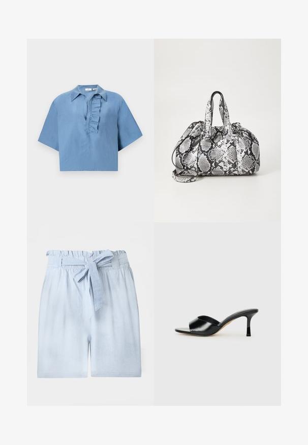 Blauw shirt met korte mouwen, gemaakt van gladde stof, met een button-down kraag en een gerimpelde sluiting aan de voorkant. Korte snit.; Lichtblauwe shorts met hoge taille, met geplooide elastische tailleband en bijpassende stoffen ceintuur gestrikt.; Zwarte leren hoge hakken mules met een open teen ontwerp en een brede, gebogen bovenband. Gladde textuur en gestroomlijnde silhouette.; Zwart-wit handtas met slangenhuidpatroon, voorzien van twee handvaten, een trekkoordsluiting en een afneembare schouderriem. Hanteert een gladde textuur.