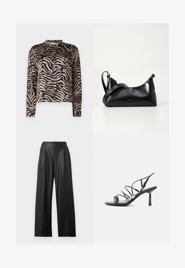 Chemise noire à manches longues, arborant un motif de feuilles ondulées en rose doré. Dotée d'un col mandarin et d'une fermeture à boutons. Texture du tissu lisse.; Pantalon large en cuir synthétique noir avec taille haute, détails de boutons à la ceinture et plis sur le devant.; Sandale noire à talon haut avec fines lanières courbées, accents argentés et boucle de cheville réglable sur fond blanc.; Sac à main en cuir noir avec une texture lisse. Dispose d'une bandoulière adjustable et d'un design élégant et minimaliste avec une fermeture éclair.