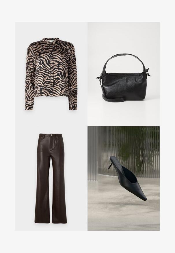 Chemise noire à manches longues, arborant un motif de feuilles ondulées en rose doré. Dotée d'un col mandarin et d'une fermeture à boutons. Texture du tissu lisse.; Vero Moda Wide-leg VMTESSA High rise - Pantalon classique - chocolate torte; Mule noire à bout pointu avec un talon fin et haut flottant au-dessus d'un sol en béton lisse, avec un arrière-plan flou à rayures verticales.; Sac à main en cuir noir au design structuré, avec une poignée arrondie et une bandoulière amovible. Présente une texture lisse et un éclat subtil.