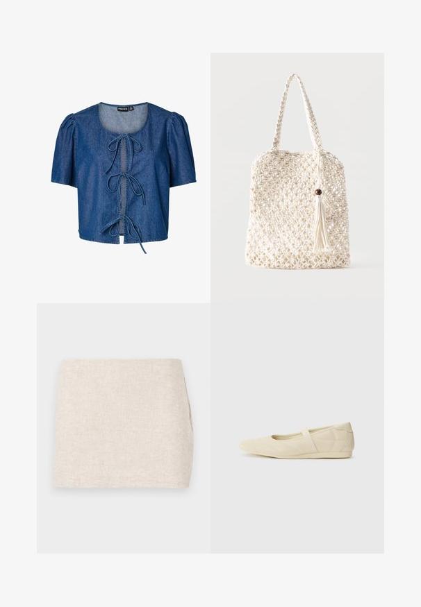 Tume sinine denim lühikeste varrukatega pluus, millel on ümar kaelus, keskne sidumine ja gathered varruka detailid. Hooajaline ja tekstureeritud viimistlus.; Bež linane seelik minimalistliku disainiga, millel on sile tekstuur ja peen kudumine. Sellel on sirge, lihtne lõige ilma nähtavate kinnitusteta.; Beezid balletikingid, millel on sujuv nahast välimus, mandli kujuline nina ja elastne rihm üle jala, millel on peened õmblustavad detailid.; Valge kootud puuvillast õlakott punutud käepidemetega ja riputatava tutiga, mis on kaunistatud puidust helmestega.