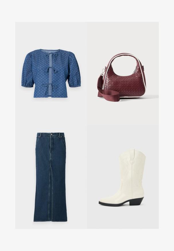 Blouse en denim bleu foncé avec des manches bouffantes, présentant des fermetures à nouer et un motif subtil de petits diamants blancs à travers.; Good American FIT AND FLARE MAXI SKIRT - Jupe en jean - indigo; Botte blanche de style western mi-mollet avec bout pointu, talon empilé noir, coutures décoratives et languette de tirage sur la tige.; Sac à main en cuir tressé marron foncé avec poignée courbée, garniture blanche, fermeture éclair argentée et bandoulière large en tissu amovible sur fond uni.