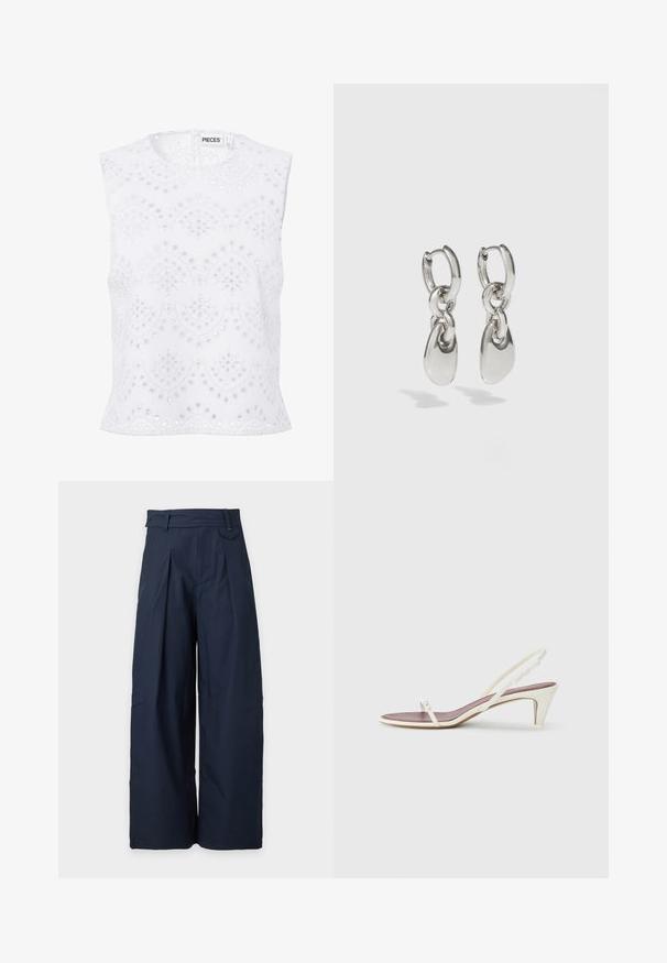 Blouse blanche sans manches avec encolure ronde, broderie anglaise et motifs festonnés, présentée sur un fond uni.; Pantalon large bleu marine avec plis, passants pour ceinture et taille haute, présenté sur un fond clair uni.; Sandales blanches à talon léger avec des fines lanières et une texture en cuir lisse ; elles sont dotées d'une petite boucle décorative.; Boucles d'oreilles en argent avec des maillons ovales allongés, présentant une finition polie et un pendentif tombant texturé. Design simple avec des bords lisses.