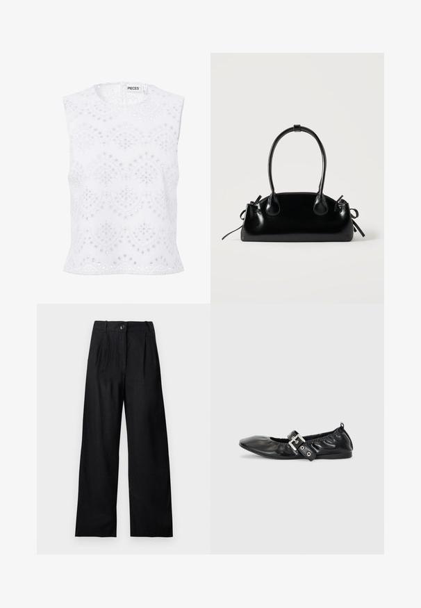 Blouse blanche sans manches avec encolure ronde, broderie anglaise et motifs festonnés, présentée sur un fond uni.; Pantalon large noir taille haute avec plis sur le devant, fermeture par bouton et passants pour ceinture, présenté sur un fond uni clair.; Chaussure plate en cuir noir avec un nez pointu, des détails froncés autour de l'ouverture et un accent en boucle argentée sur la bride ajustable.; Petit sac à main noir brillant avec deux longues anses et des détails à cordon sur les côtés sur un fond clair uni.