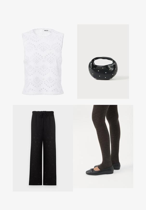 Blouse blanche sans manches avec encolure ronde, broderie anglaise et motifs festonnés, présentée sur un fond uni.; Pantalon noir à jambes larges avec taille élastiquée et cordon noué, présentant un motif floral œillet discret sur l’ensemble.; Jambes portant des leggings côtelés foncés associés à des ballerines noires avec de petits détails en nœud sur fond blanc.; Sac à main en cuir noir de forme arrondie, décoré de clous argentés et équipé d'une poignée courte. Texture lisse et fermeture éclair.