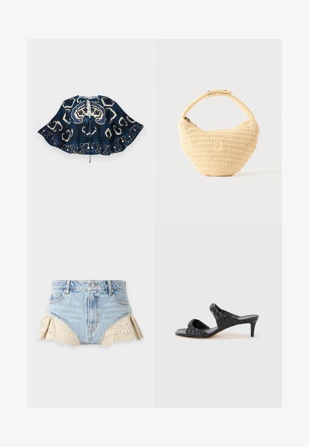 Navy blue cape with wide sleeves, abstract cream and black patterns, and front tie closure on a white background.; Light blue denim shorts with beige crochet lace trim on the hem, featuring front pockets, belt loops, and a button closure.; Black heeled sandals with a square toe, made of smooth leather. Features gathered straps and a slim heel for added elevation.; Beige woven handbag with rounded body, zip closure, and a short, thick strap in a simple, textured crochet style.