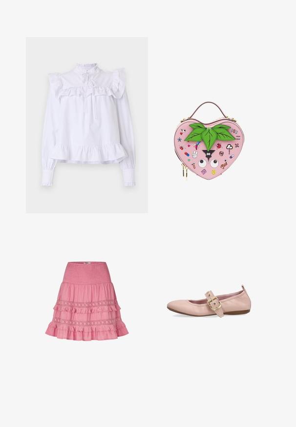 Hvid bluse med flæser ved krave og ærmer, lange ærmer med elastiske manchetter og en samlet søm til en afslappet pasform.; Pink lagdelt nederdel med smocket taljebånd, pyntet med blonder og frynsete lag, lavet af let bomuldsstof.; Lyserød læder flatsko med rundet tå, dekorativ rem og stor guldbeklædt spænde, lav hæl og trækkestrop ved hælkanten.; Håndtaske formet som et hjerte i pink med grønne blade på toppen og forskellige farverige tegneserie-patches inklusive øjne, en mariehøne og emojis.