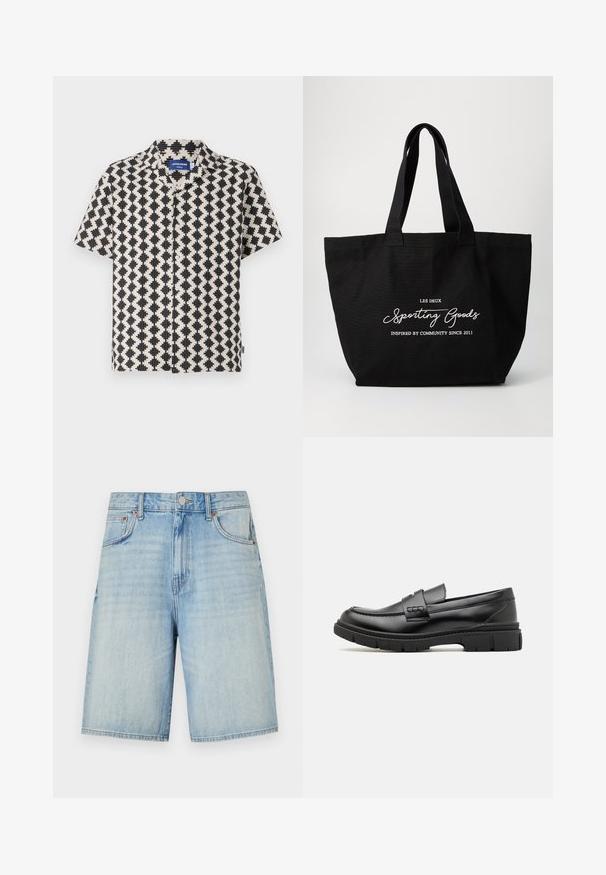 Kortærmet skjorte i et creme- og sort geometrisk mønster. Har en krave-udskæring og knaplukning foran. Lavet af letvægtsstof.; Lyseblå denimshorts med lige skæring, forsynet med knap- og lynlåslukning, fem lommer og en let slidtblandet finish.; Sort læder loafersko med en bred rem over forfoden, gummisål med tykke mønstre og glat overflade. Klassisk, slankt design.; Sort lærred tote bag med dobbelt robuste håndtag. Har hvid tekst: "LES DEUX Sporting Goods" og "Inspireret af fællesskabet siden 2011."