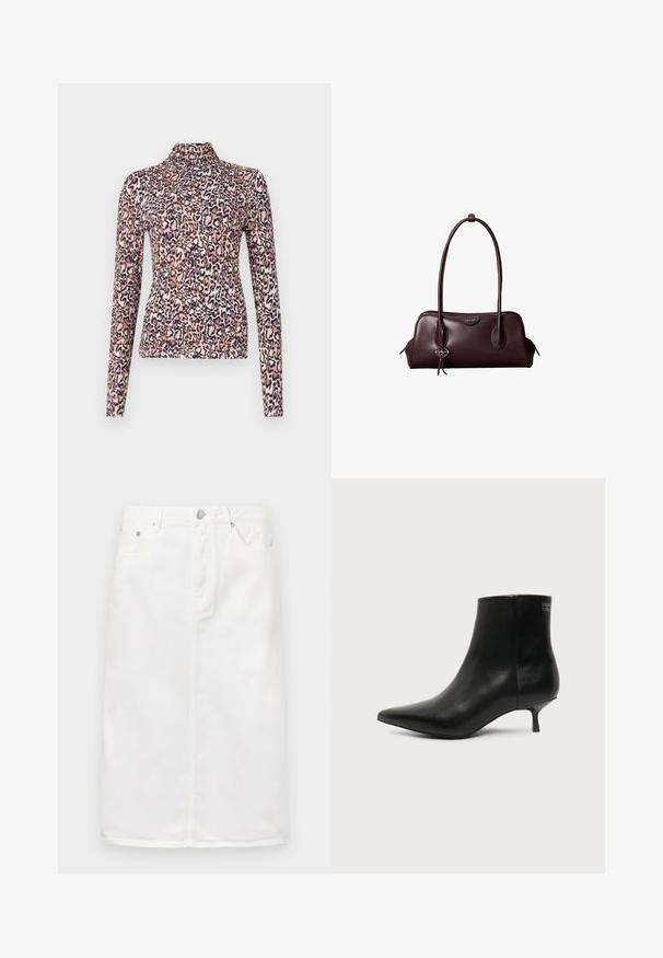 Top de manga larga con cuello alto, hecho de una tela elástica con un estampado de leopardo en tonos rosa, marrón y azul marino.; Falda de mezclilla blanca con cremallera frontal, diseño de cinco bolsillos y silueta recta con acentos de costura.; Botín de piel negra con puntera puntiaguda y tacón bajo estilo kitten sobre fondo claro, mostrando vista lateral exterior.; Bolso de mano de cuero marrón oscuro Calvin Klein con asas dobles largas y un pequeño colgante con el logotipo colgando de una de las asas.