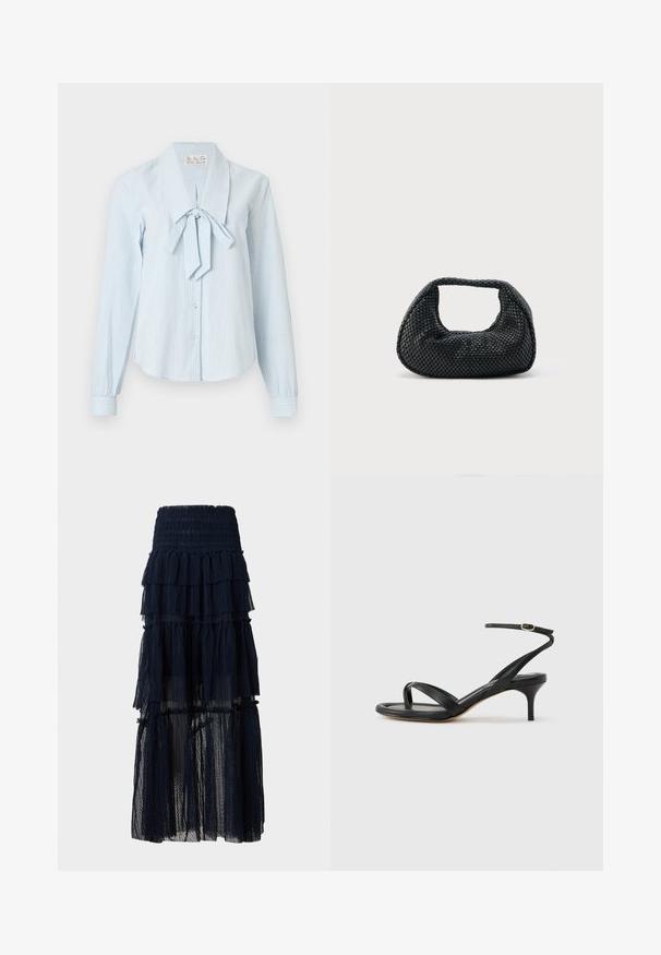 Blouse à manches longues rayée bleu clair avec un grand col et un détail noué au niveau du cou ; confectionnée dans un tissu lisse avec une fermeture à boutons sur le devant.; Jupe longue noire en mesh à volants superposés avec taille élastique et détails à volants, semi-transparente en bas.; Sandale pour femme en cuir noir avec fines lanières, une boucle d'orteil, une boucle à la cheville et un talon aiguille de hauteur moyenne sur un fond neutre.; Sac hobo tissé noir avec une structure souple et une poignée intégrée, présenté sur un fond clair uni.
