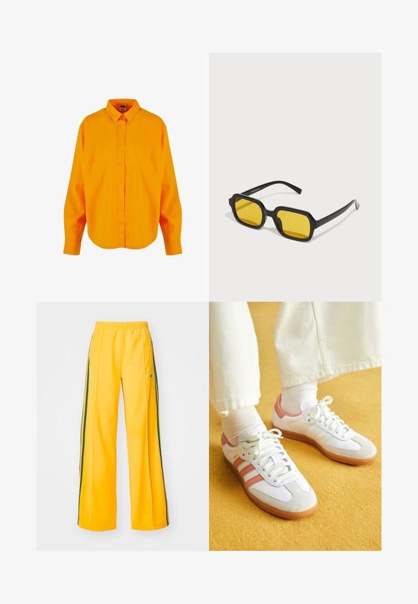 Chemise boutonnée en orange vif, avec un col classique, des manches longues et un ourlet arrondi. Fabriquée dans un tissu léger au toucher soyeux.; Pantalon de sport jaune à jambes larges, avec des rayures latérales vertes et un petit logo sur la hanche gauche. Taille élastique pour plus de confort.; Baskets blanches avec des accents roses, en matériaux de daim et de cuir, à bout rond et semelle en caoutchouc, présentées avec des chaussettes claires sur un fond jaune.; Lunettes de soleil rectangulaires noires avec des verres jaunes. Les caractéristiques incluent des montures épaisses et un design anguleux avec une finition lisse et brillante.