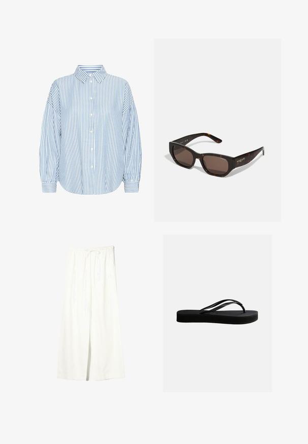 Hellblau-weiße gestreifte Hemdbluse mit Kragen, lockerer Passform, luftigen Ärmeln und geknöpften Handgelenken. Aus leichtem Stoff gefertigt.; Weiße Leinenhose mit weitem Bein, elastischem Bund und Kordelzug, ausgestattet mit Seitentaschen und einem vorderen Schlitz.; Schwarze Gummiflips mit strukturierter Sohle und Y-förmigem Riemen, seitliche Ansicht vor schlichtem hellem Hintergrund.; Schildpatt-Sonnenbrille mit rechteckigen braunen Gläsern. Glänzender Kunststoffrahmen mit goldfarbener "vogue"-Markierung an der Seite.