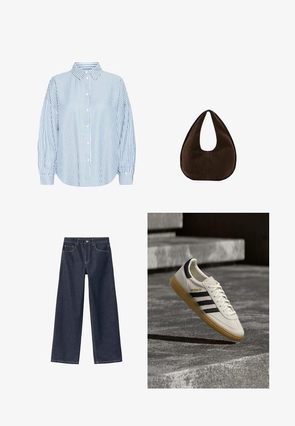 Hellblau-weiße gestreifte Hemdbluse mit Kragen, lockerer Passform, luftigen Ärmeln und geknöpften Handgelenken. Aus leichtem Stoff gefertigt.; Dunkelblaue Denim-Hosen mit weitem Bein und hoher Taille, sichtbaren Nähten, zwei Fronttaschen und einem Knopfverschluss am Bund.; Weißer Adidas Spezial Sneaker mit schwarzen Streifen und Kautschuksohle, der über grauen Steinstufen im Freien schwebt.; Dunkelbraune Wildleder-Handtasche in Halbmondform mit einem breiten Riemen und glatter Textur vor weißem Hintergrund.