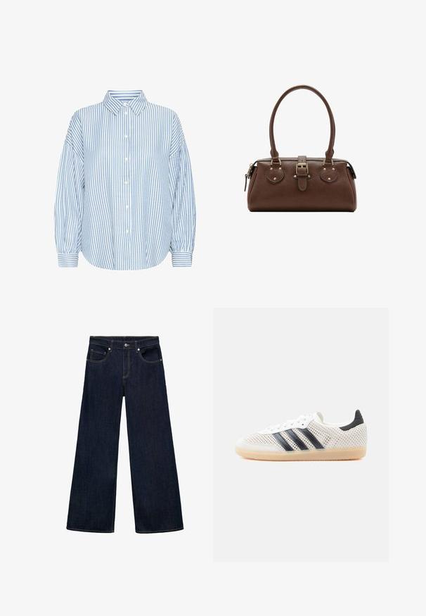 Hellblau-weiße gestreifte Hemdbluse mit Kragen, lockerer Passform, luftigen Ärmeln und geknöpften Handgelenken. Aus leichtem Stoff gefertigt.; Dunkelblaue Denim-Jeans im weiten Schnitt mit hoher Taille, mit fünf Taschen, Metallknopfverschluss und sichtbaren Nähakzenten.; Weiße Mesh-Sneaker mit schwarzem Drei-Streifen-Design, abgerundeter Spitze und Gummisohle. Verfügen über einen weichen Fersenkragen und Schnürverschluss.; Braune Lederhandtasche mit zwei Griffen, einem zentralen Schnallenriemen und goldfarbenen Beschlägen, vor weißem Hintergrund abgebildet.