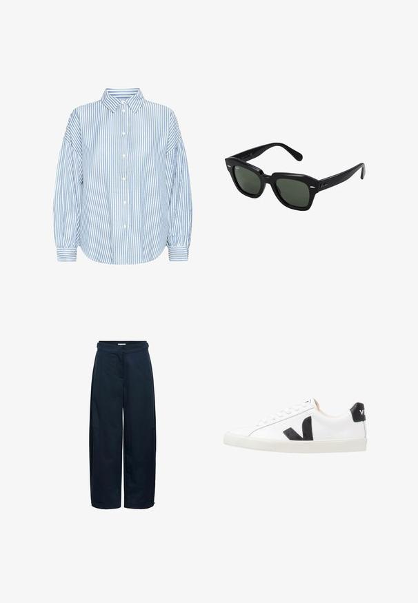 Camisa abotonada de rayas azul claro y blanca con cuello, corte holgado, mangas amplias y puños doblados. Fabricada con una tela ligera.; Pantalones azul marino de pierna ancha con cintura alta y puños abotonados en el bajo, mostrados sobre un fondo blanco.; Zapatilla blanca con un logo en V negro, con una parte superior de cuero liso, puntera redonda, cierre de cordones y una lengüeta en el talón de color negro en contraste.; Gafas de sol cuadradas negras con lentes verde oscuro, con montura audaz y acentos plateados en los laterales. Fabricadas en Italia.