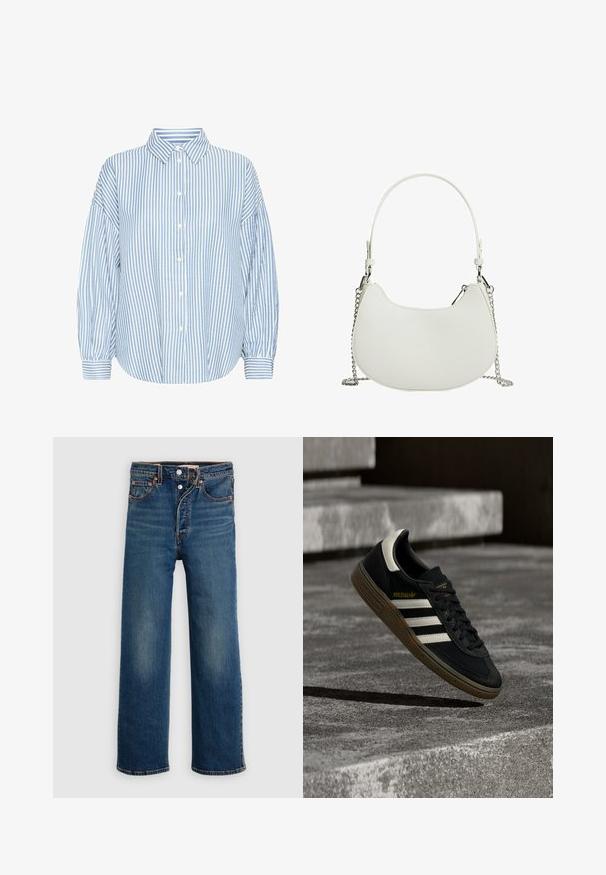Lyseblå og hvid stribet skjorte med knapper, krave, løs pasform, bløde ærmer og opfoldede håndled. Fremstillet af et let materiale.; Mørkeblå denimjeans med afslappet pasform. Features med fem lommer, knappelukning og diskret falmen på lårene.; Sort Adidas-sneaker med hvide striber og gummisåler, svævende over grå betontrapper i naturligt lys.; Hvid syntetisk håndtaske med en buet form, der har en kædestrop og minimalistisk design. Glat tekstur med sølvfarvede metaldele.
