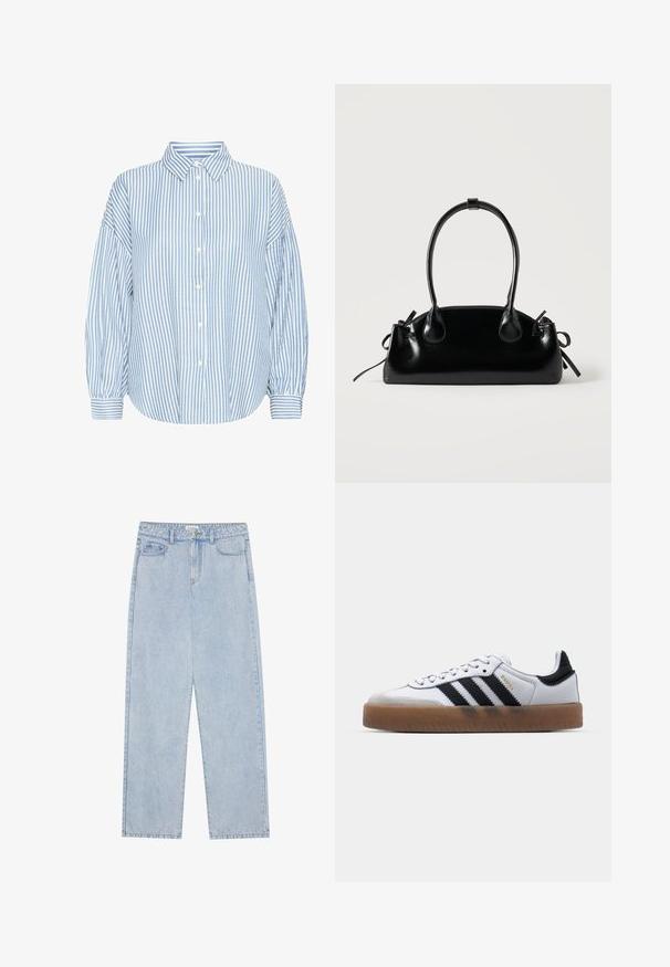 Lichtblauw en wit gestreept overhemd met knopen, met een kraag, losse pasvorm, luchtige mouwen en gefotoreerde polsen. Gemaakt van een lichte stof.; Lichtblauwe, high-waisted denim jeans met een straight-leg snit, vijf zakken en zichtbare stiksels. Het materiaal heeft een klassieke wassing.; Witte leren sneakers met zwarte strepen, gumrubberen buitenzool, ronde neus, vetersluiting en een zachte grijze suède neuskap.; Kleine zwarte glanzende handtas met twee lange hengsels en zijkant trekkoord details op een effen lichte achtergrond.